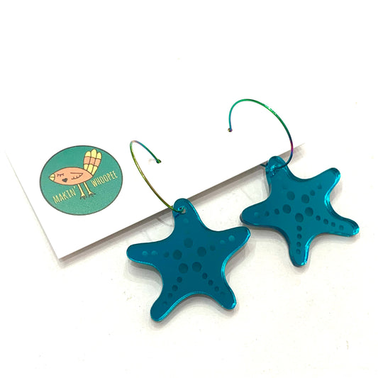 MAKIN' WHOOPEE - Mirror Teal Starfish- Ocean Collection Hoop Dangles