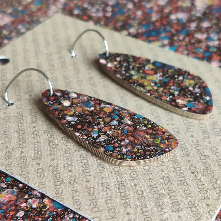 KAMI-SO- Recycled Paper Earrings - Oval Recycled Paper Earrings - Black Multicolour Speckle