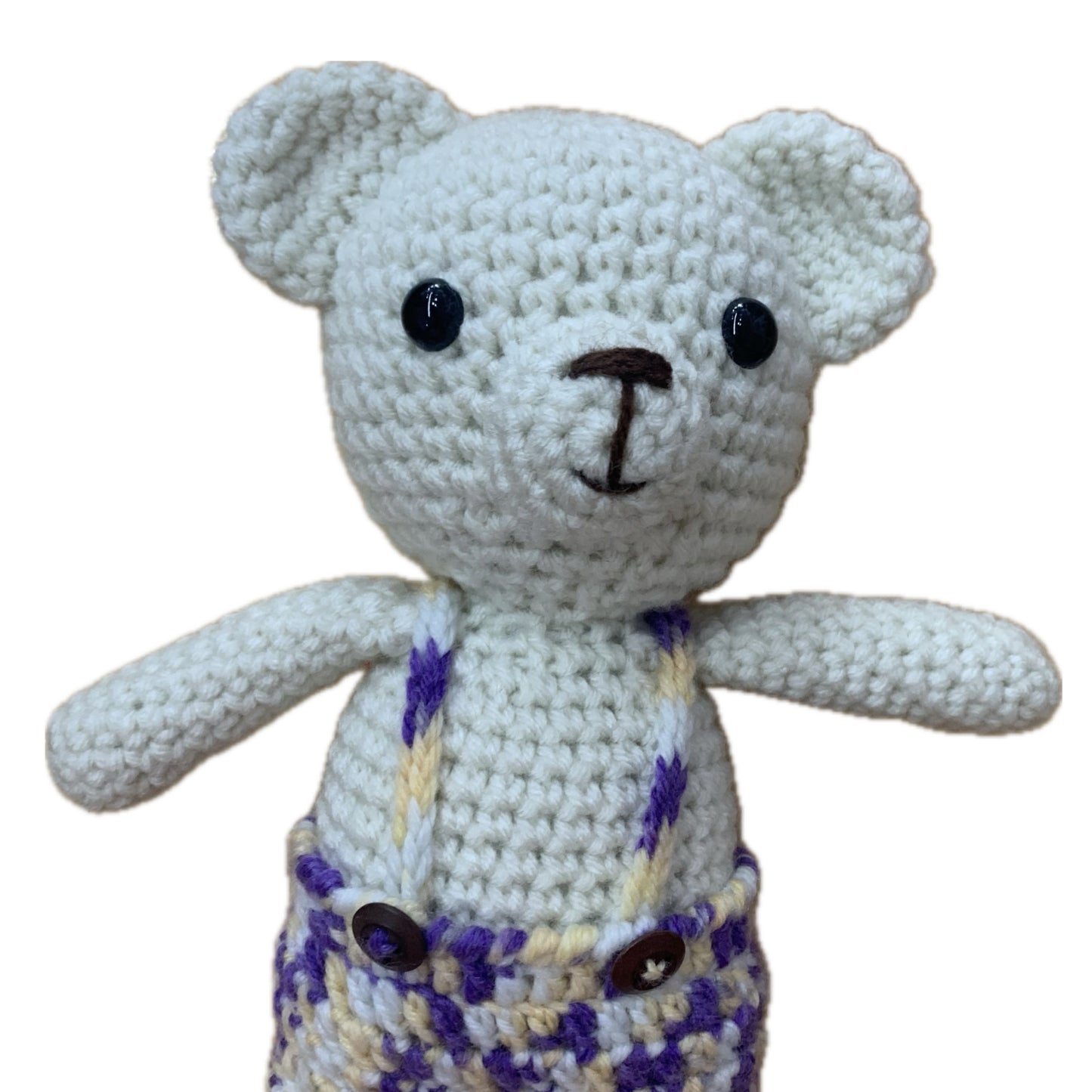 BEAKNITS- Crocheted Teddy Bear- Purple Overalls