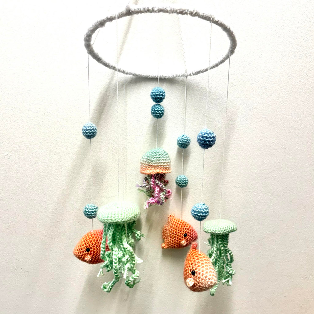 BEAKNITS- CROCHETED UNDER THE SEA MOBILE #5- White Ring with jellyfish and fish