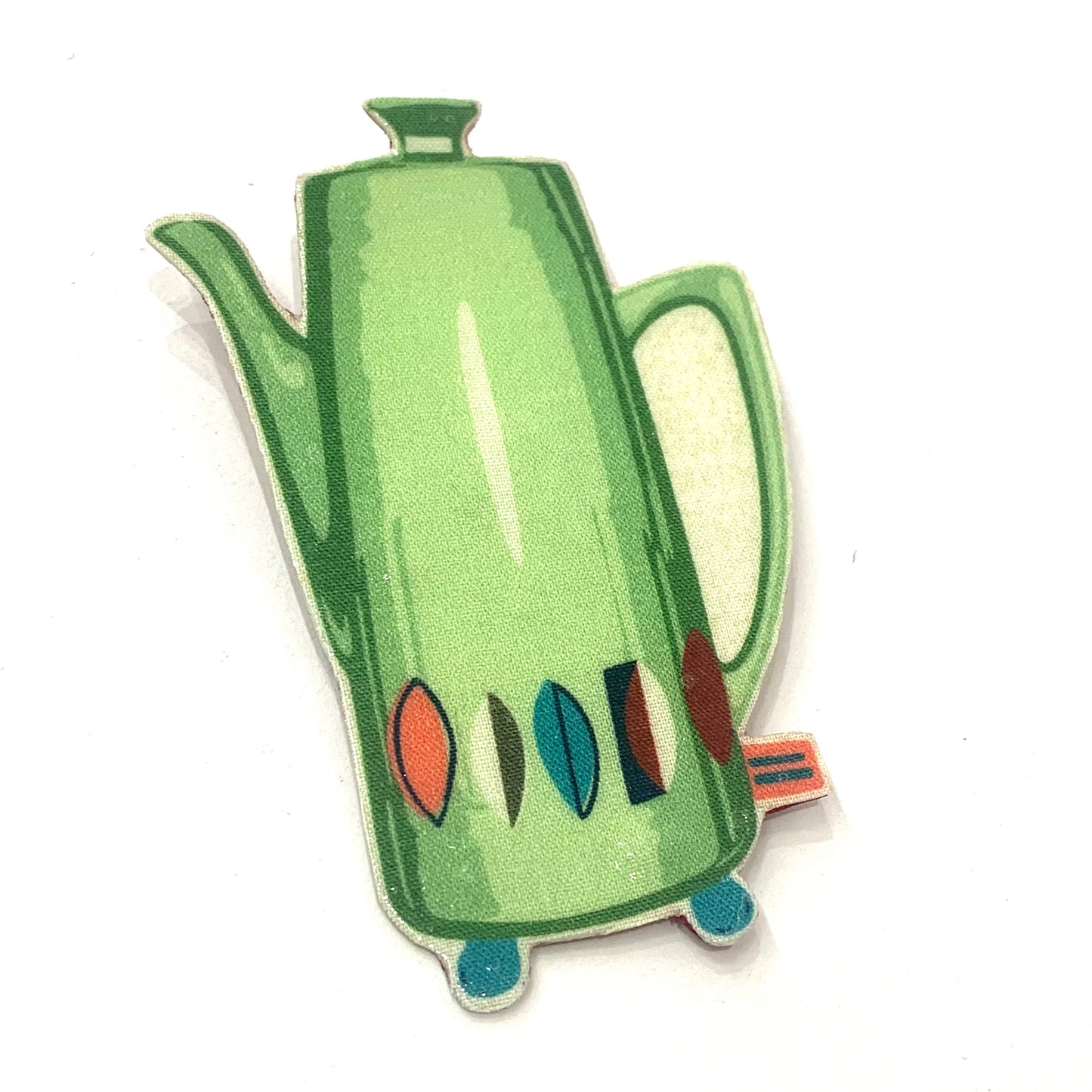 THIS BIRD HAS FLOWN- Fabric Remnant Brooches- Retro Green Coffee Pot