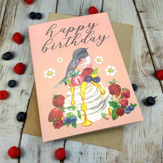 WATERCOLOURS BY CAT- Happy Birthday Greeting Card - Robin & Pavlova