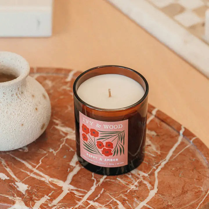 IVY & WOOD - Poppy & Amber Scented Candle- Flora Collection
