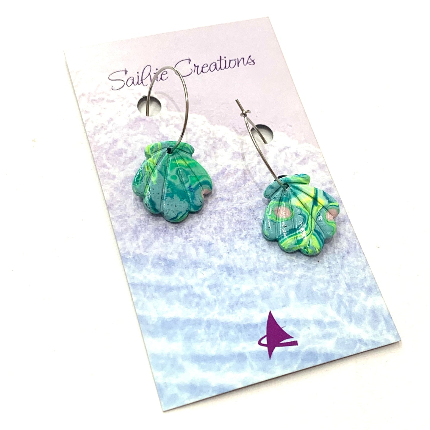 Sailvie Creations - Aqua Clam Hoop Dangle Earrings