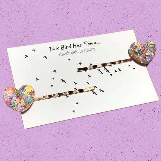 THIS BIRD HAS FLOWN - Rainbow Glitter Hearts Hairclips
