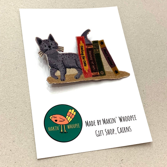 MAKIN' WHOOPEE- Peeking Grey Cat- Literary Kitty Brooch