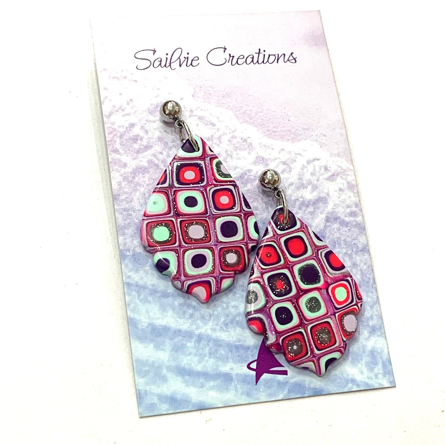 Sailvie Creations - Short Scalloped Liquorice Allsorts Ball Stud Dangle Earrings