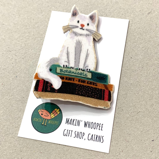 THIS BIRD HAS FLOWN- White Cat- Literary Kitty Brooch