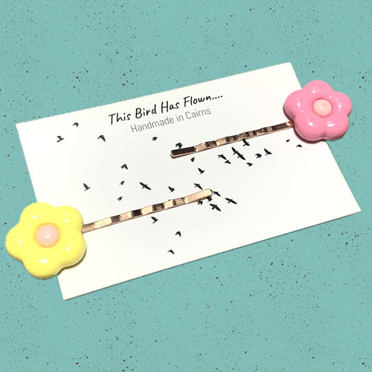 THIS BIRD HAS FLOWN - "Flower Power Hairclips"- Yellow & Pink