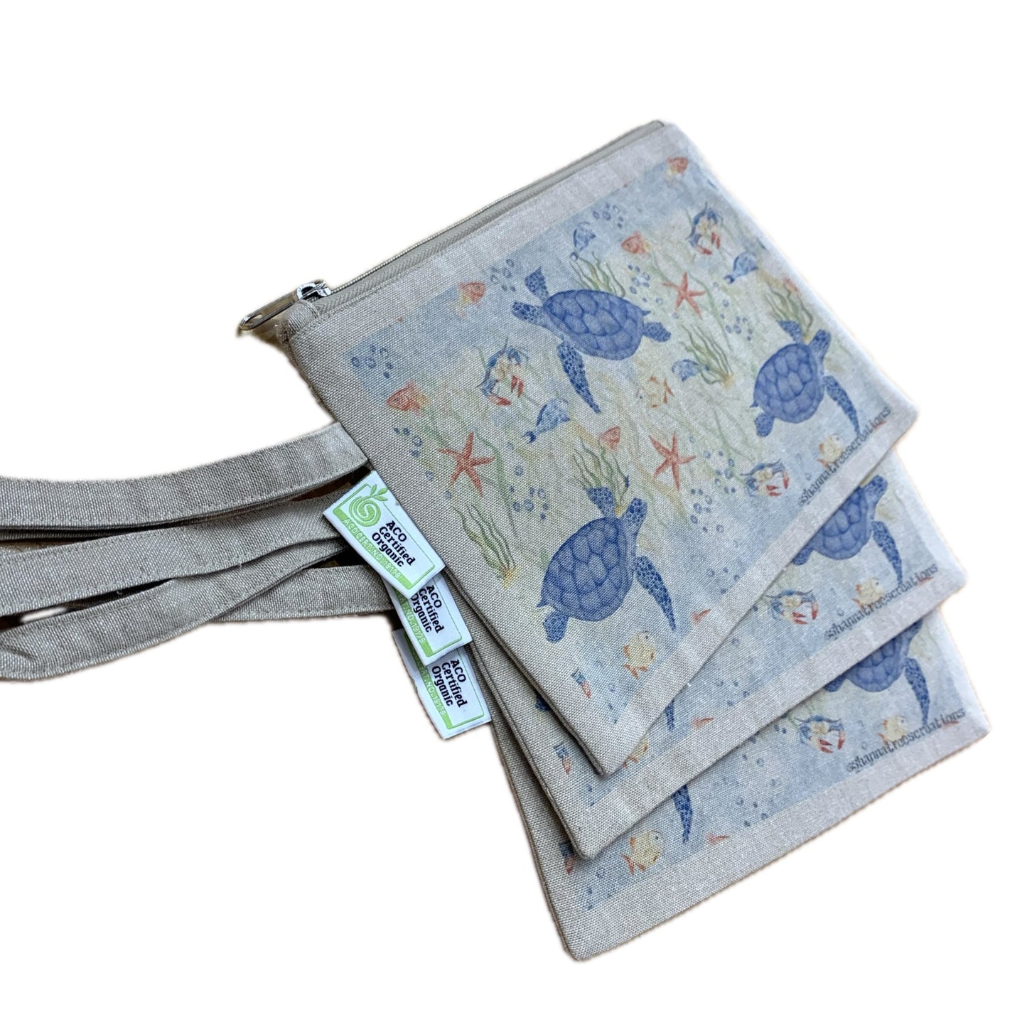 Shanna Trees Creations- "Turtles" Organic Cotton Zip Pouches- Natural