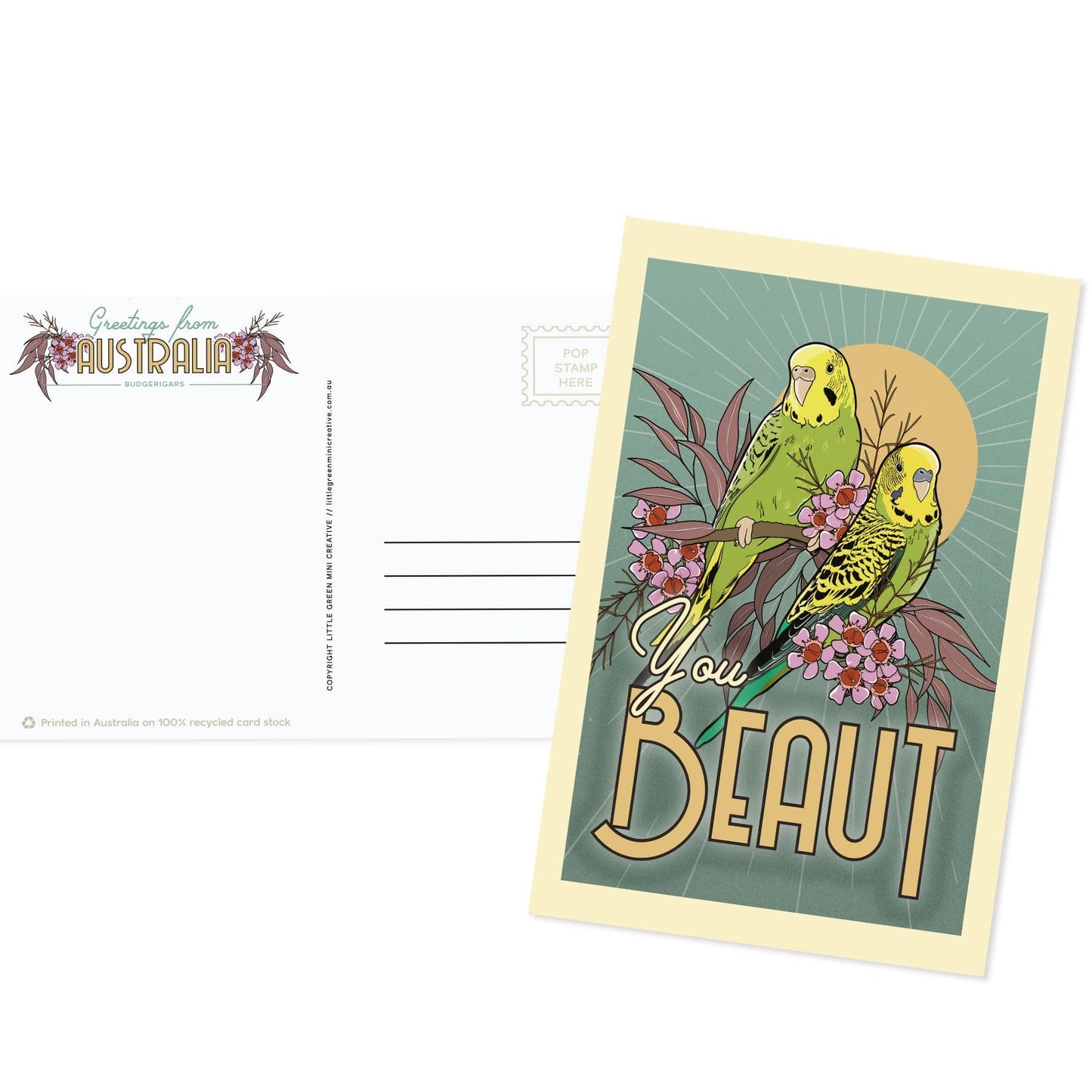 Green Mini Creative - Postcard- Budgie- "You Beaut"