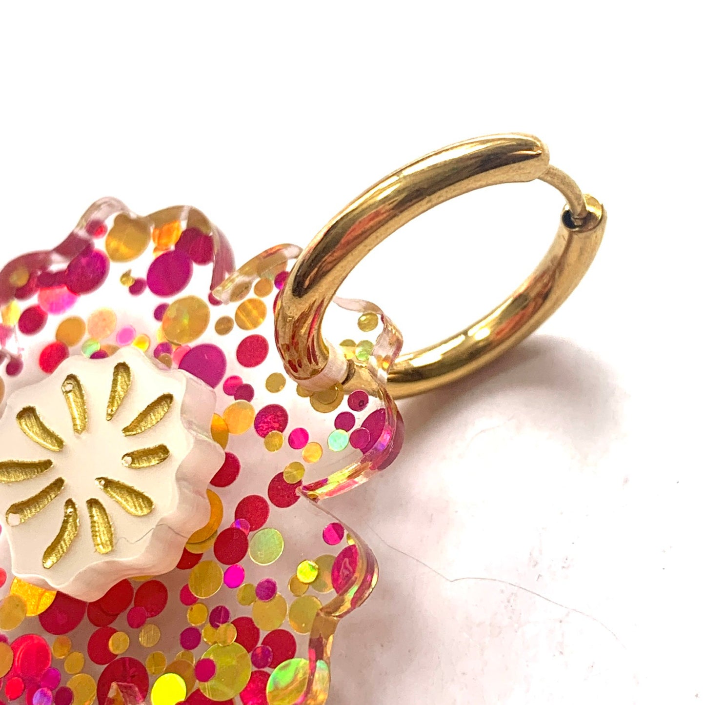 THIS BIRD HAS FLOWN - “Glitter Blooms- Pink & Gold” HUGGIE HOOP CHARM EARRINGS