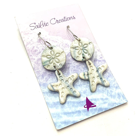 Sailvie Creations - Pearl Starfish Double Hook Dangle Earrings