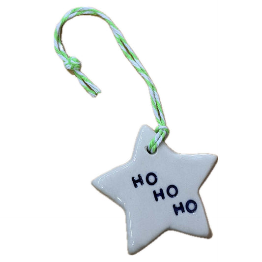 EARTH BY HAND- Clay Star Christmas Decorations- HO HO HO blue writing
