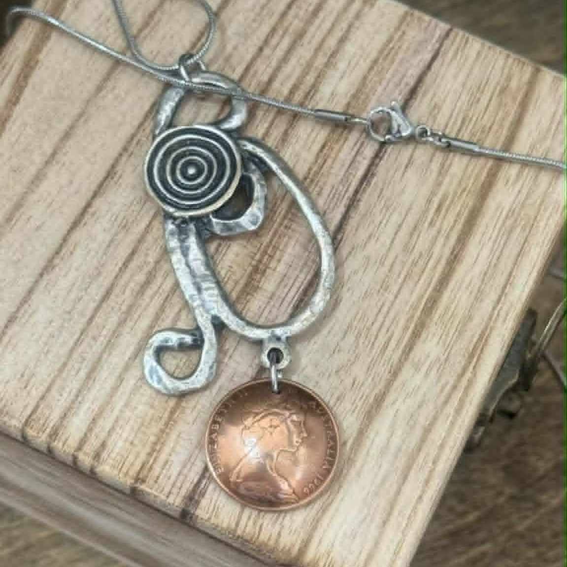 MOLLY MADE- 1966 Unique Two Cent Coin Pendant Necklace