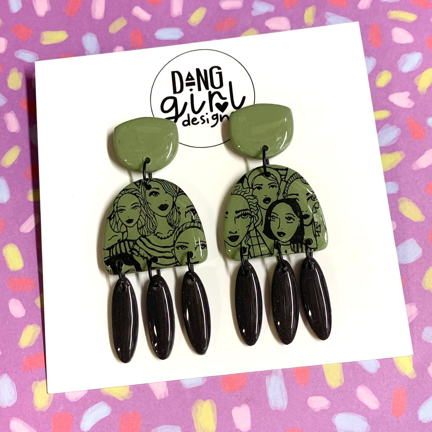 Dang Girl Designs - Green Girl Gang Earrings with Black Drop Stud Dangles