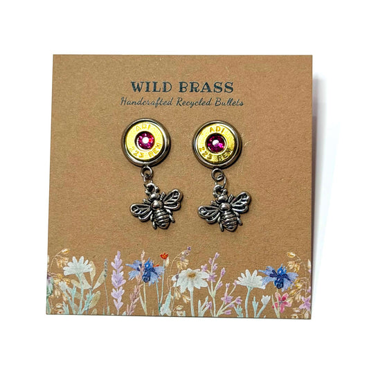 WILD BRASS- Charm Stud Dangles - Bee with Dark Pink Swarovski Crystals