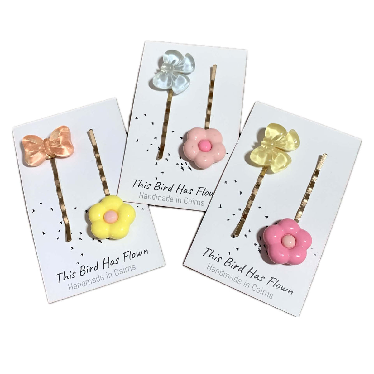 THIS BIRD HAS FLOWN - Mismatched Yellow Bow Pink Flower - Hair Pins