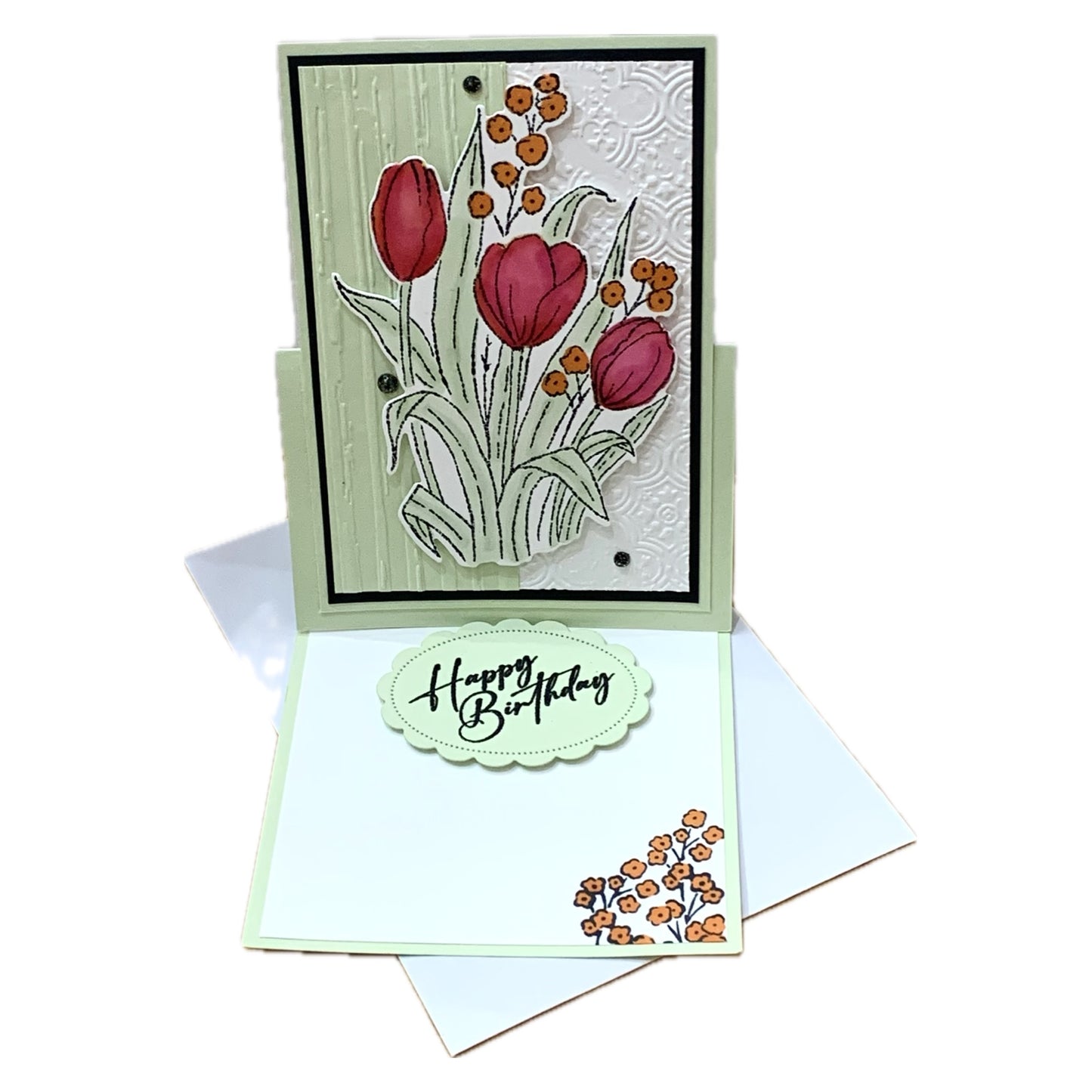 PAPER POSSUM- RED TULIPS STAND UP- BLANK HANDMADE GREETING CARD