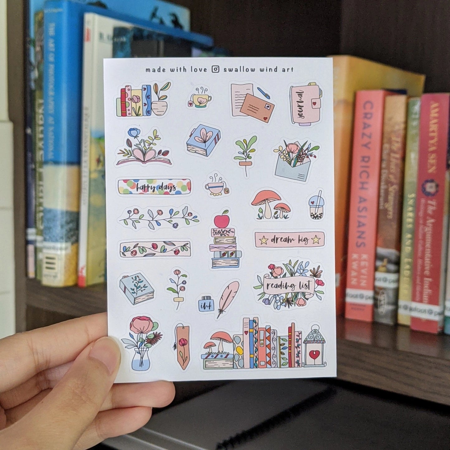 SWALLOW WIND ART - FLOWERS AND BOOKS - BULLET JOURNAL STICKER SHEET