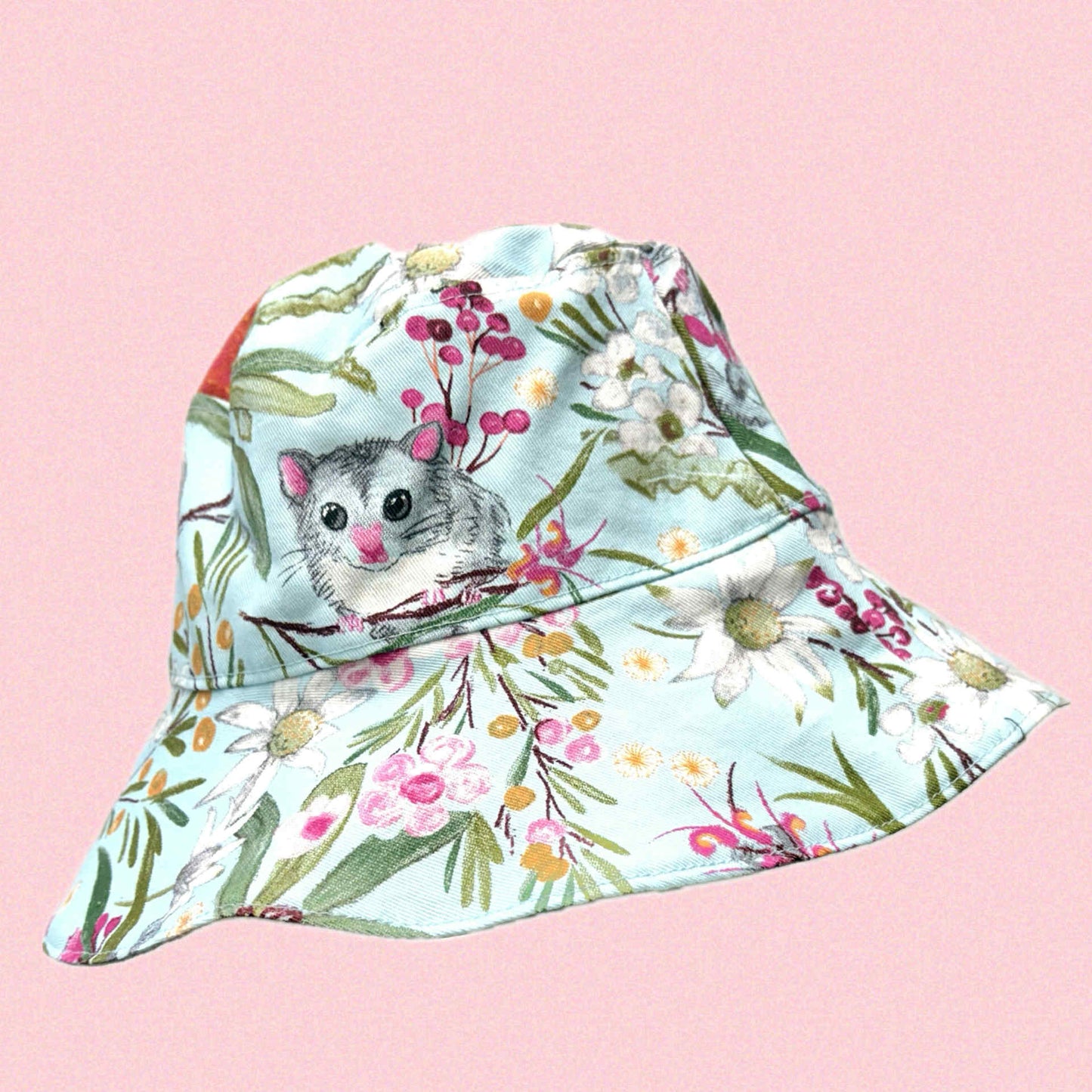 Teacups n Quilts- Blue Possum and Banksia Fabric Hat- Adult Size 58cm