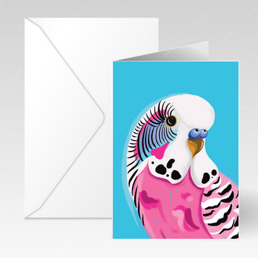 NUOVO - Pink Budgie Blank Greeting Card- By Emma Whitelaw