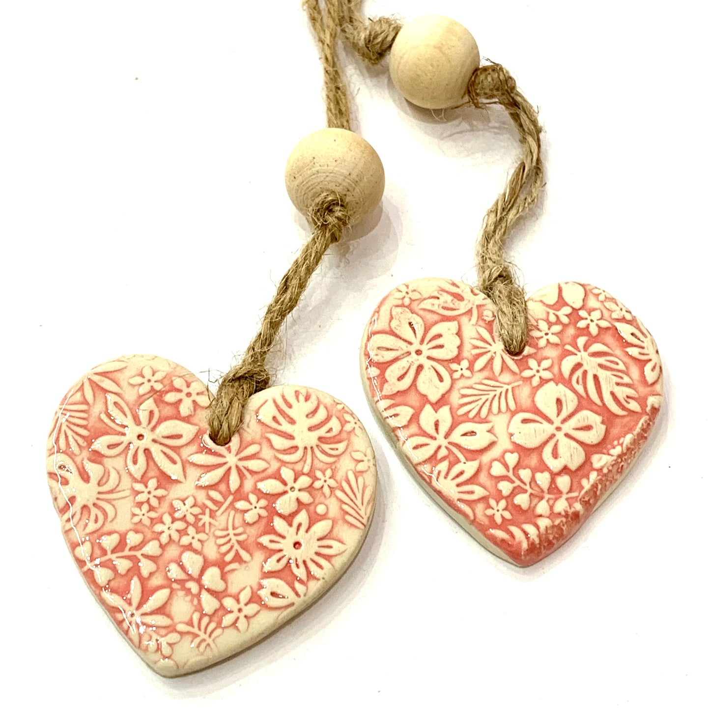 EARTH BY HAND- Clay Heart Decorations- Red Embossed & One Bead