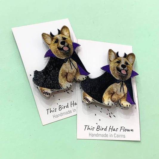 MAKIN' WHOOPEE - Count Corg-ula- Fabric Remnant Halloween Dog Brooch