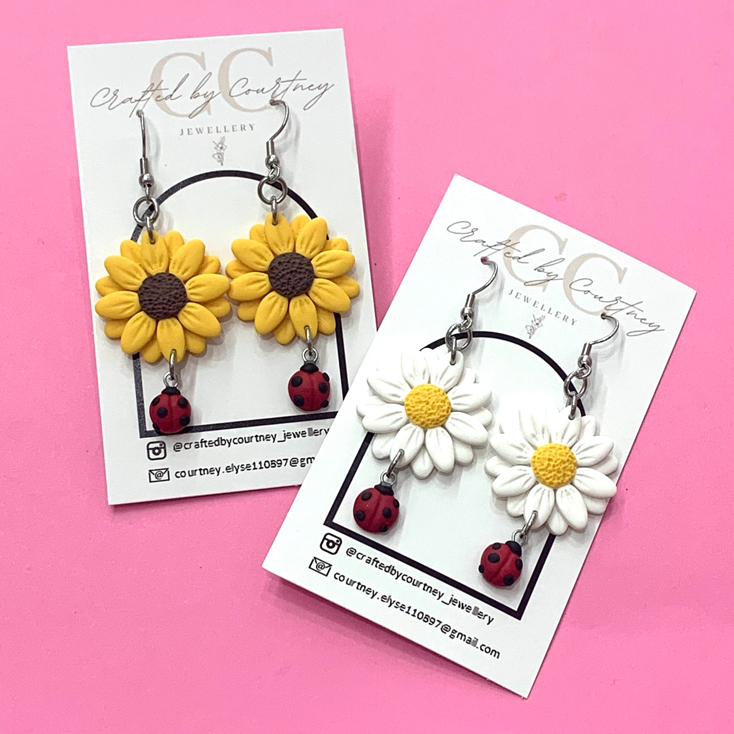 CRAFTED BY COURTNEY- White Daisy & Ladybird Hook Earrings