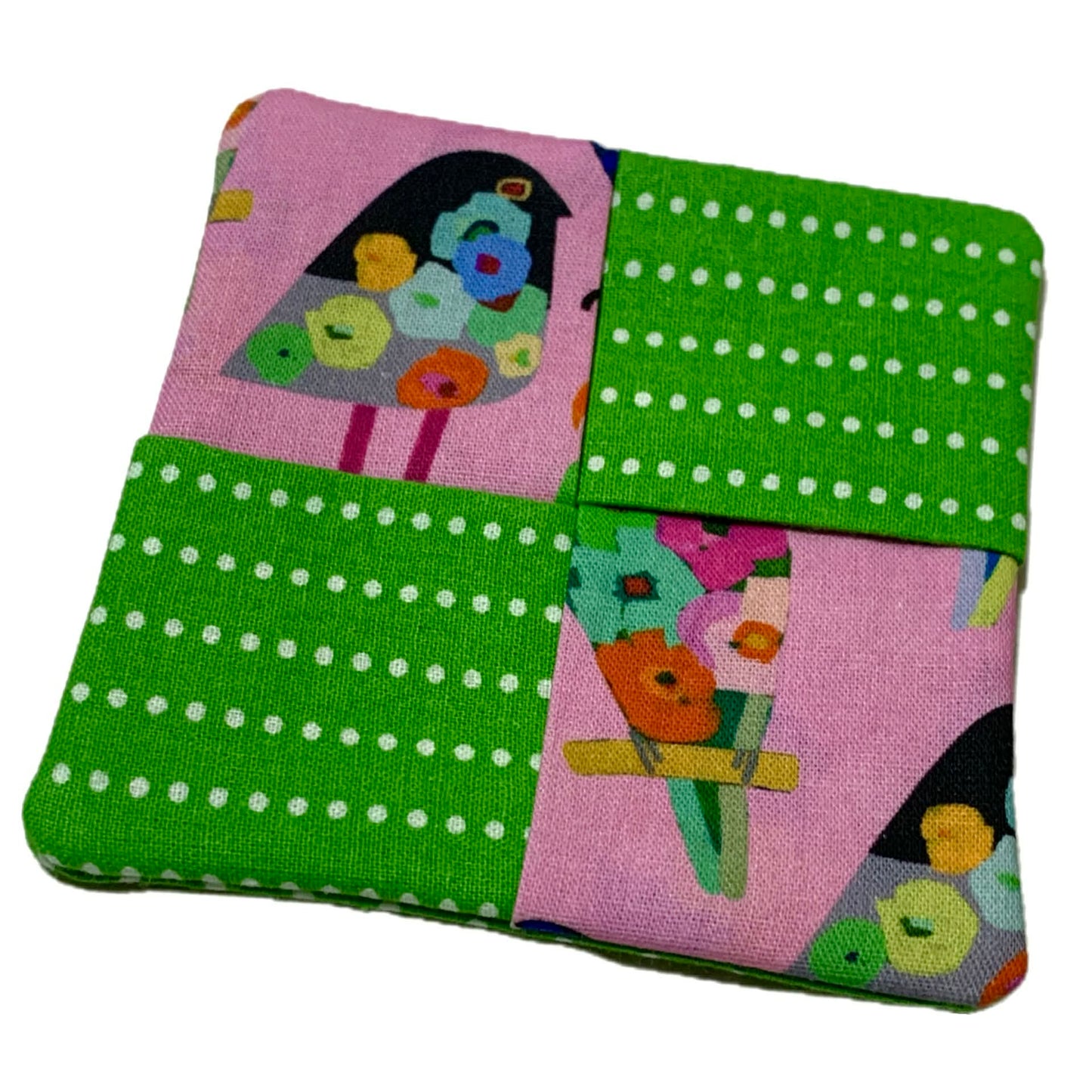MUMMA WHOOPEE- SINGLE WINE GLASS SLIPPER/COASTERS- Flower Birds & Spotty Green