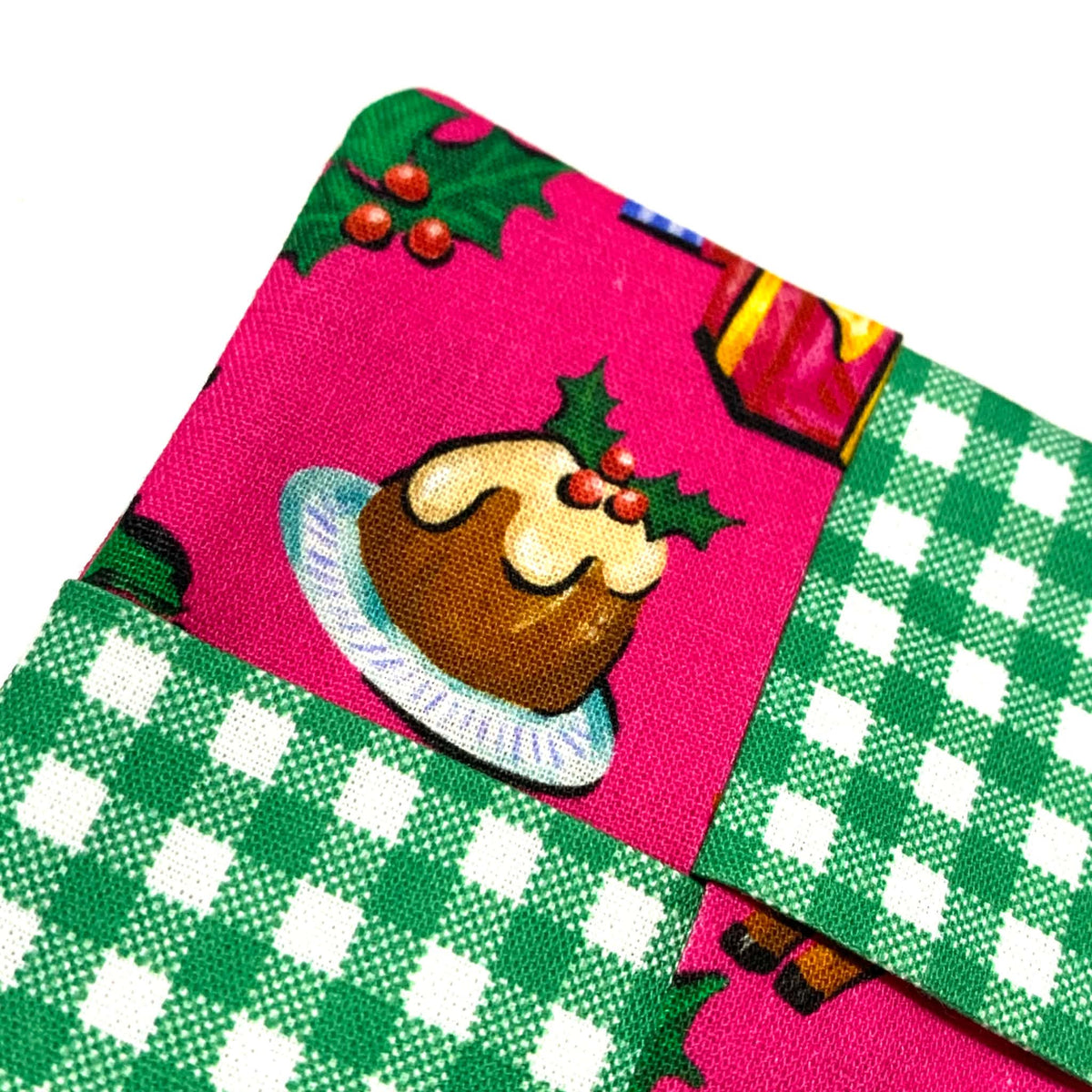 MUMMA WHOOPEE- SINGLE CHRISTMAS WINE GLASS SLIPPER/COASTERS- Jolly Christmas (pink) and Green Check