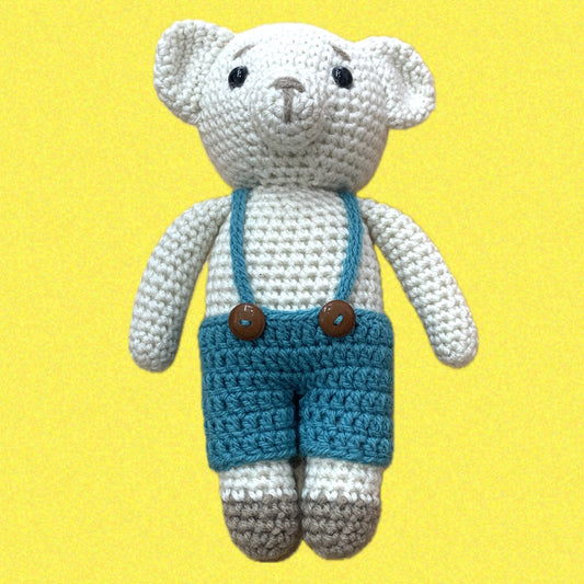 BEAKNITS- CROCHET BEAR IN BLUE OVERALLS