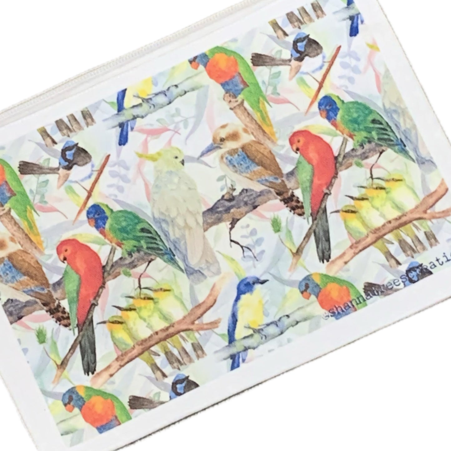 Shanna Trees Creations- "Australian Birds" Organic Cotton Zip Pouches- White