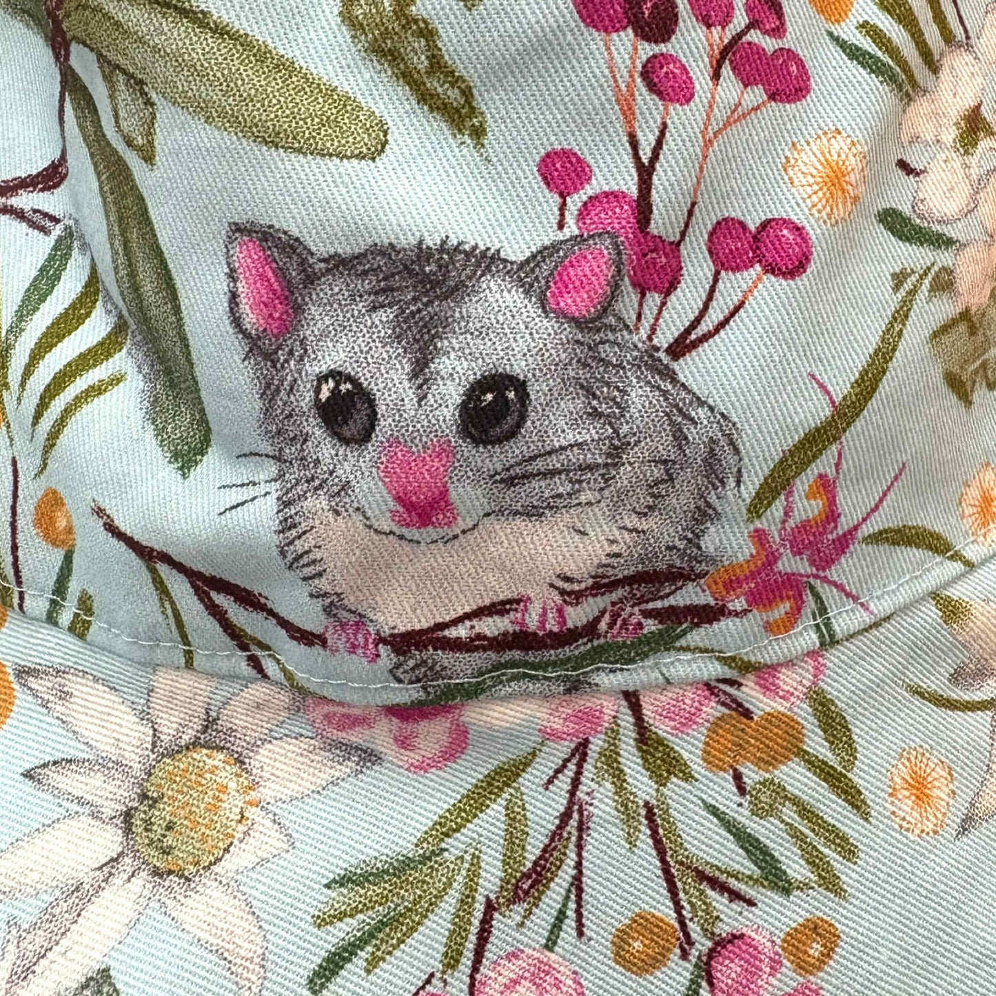 Teacups n Quilts- Blue Possum and Banksia Fabric Hat- Large Child Size 53cm