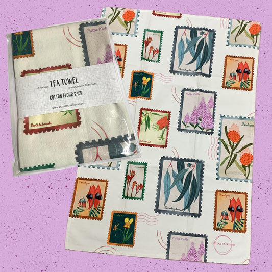 ESZTER'S CREATIONS - "Australian Wildflower Stamp White"- Tea Towel