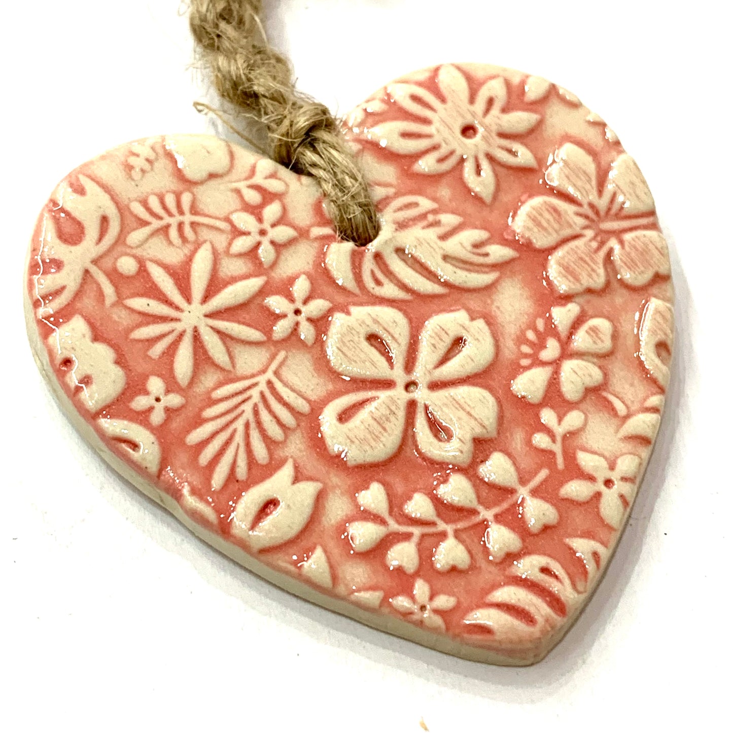 EARTH BY HAND- Clay Heart Decorations- Red Embossed, Knotted Cord & One Bead