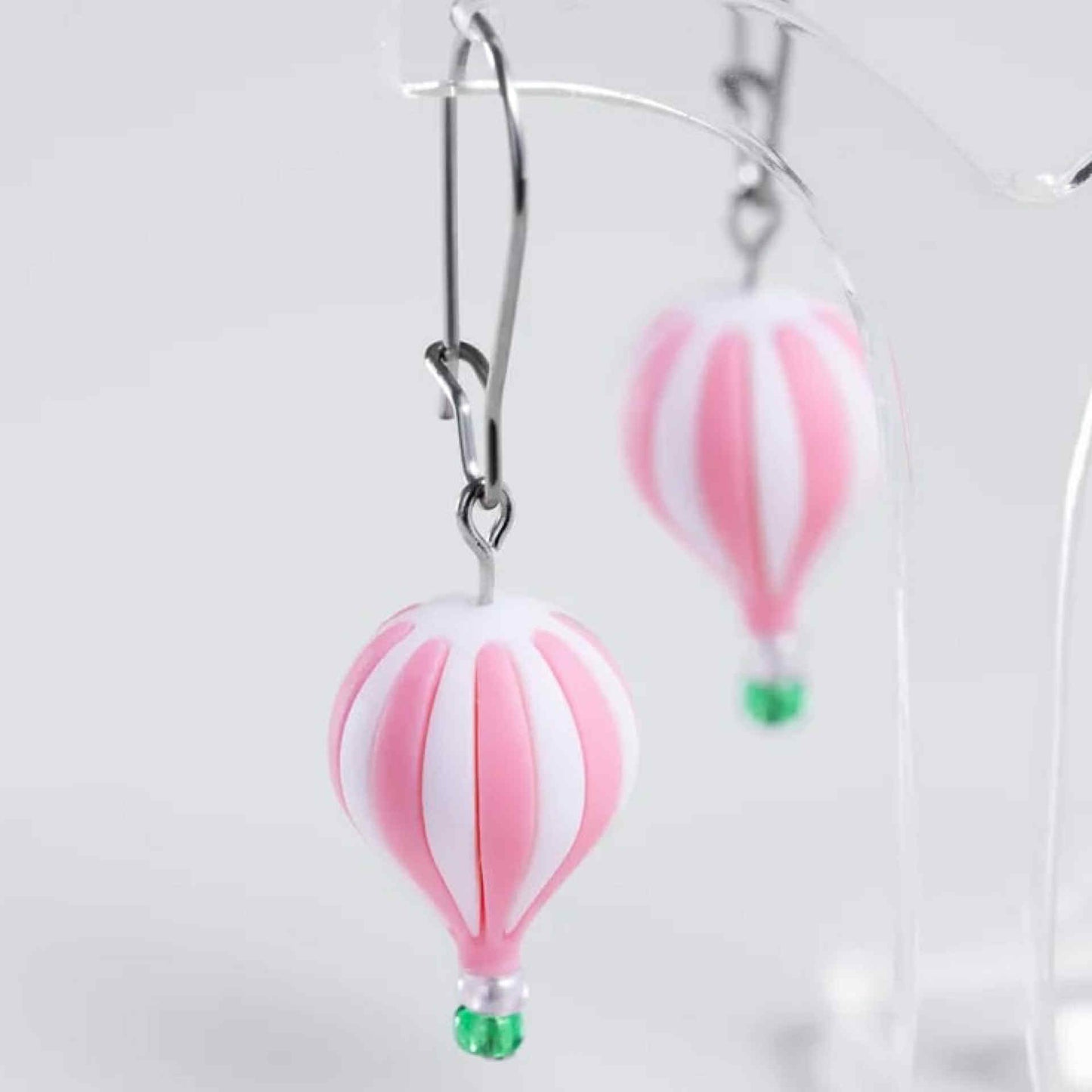 CLAIRE ISHINO- 3D Printed Resin Hot Air Balloon Earrings - Pink & White Stripes with Glass Bead Basket