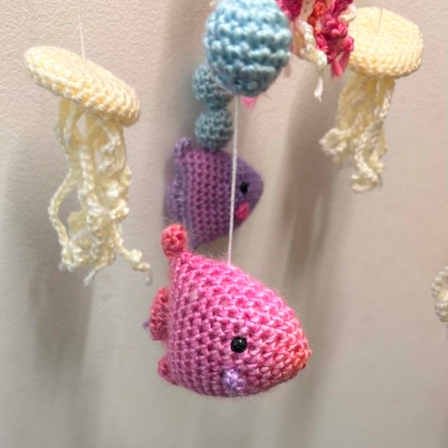 BEAKNITS- CROCHETED UNDER THE SEA MOBILE #6- Blue Ring with jellyfish and fish