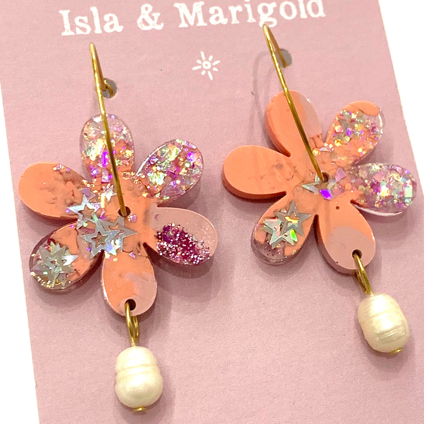 Isla & Marigold- Flower Drop Hoop Earrings- Peachy Stars