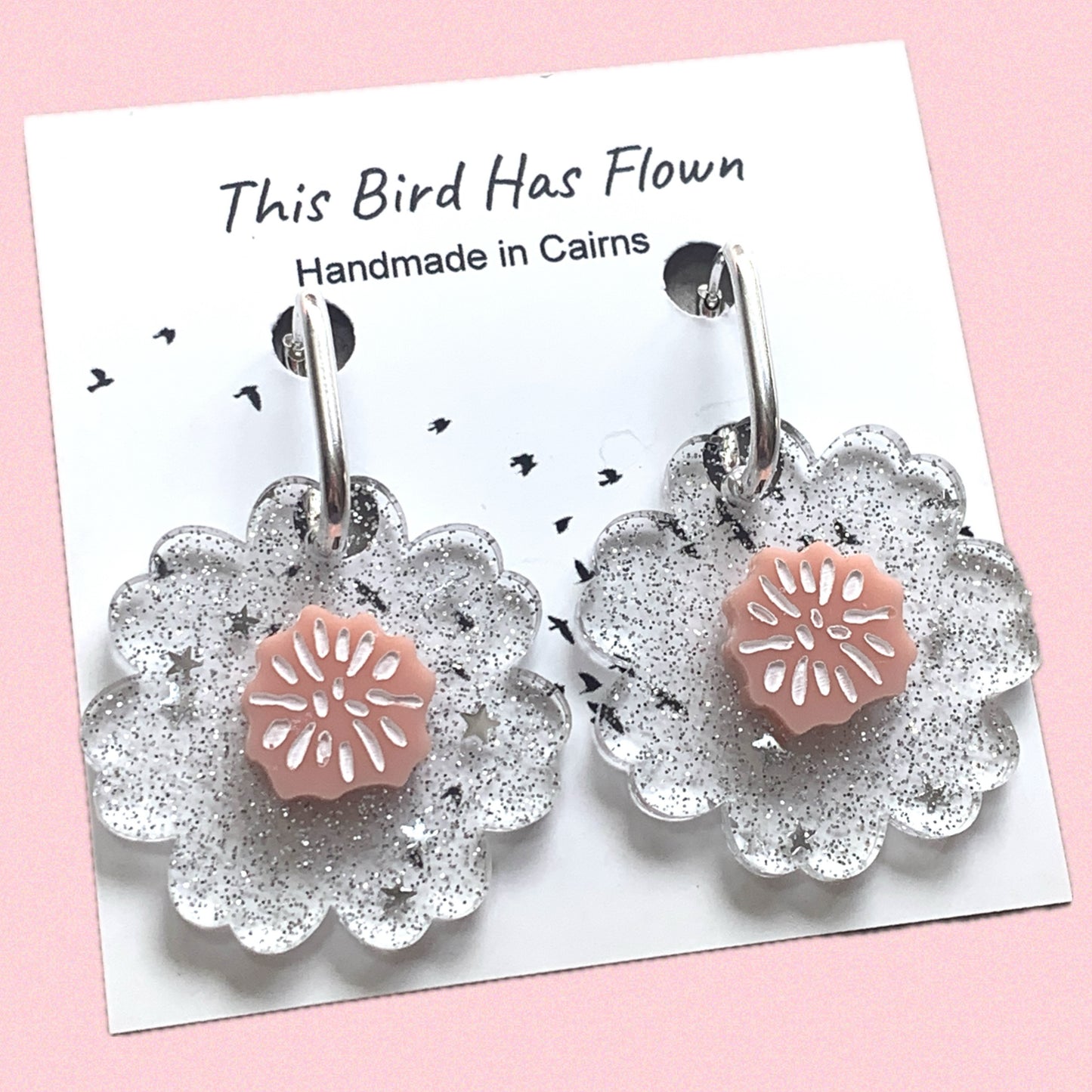 THIS BIRD HAS FLOWN - “Glitter Blooms- Silver” HUGGIE HOOP CHARM EARRINGS