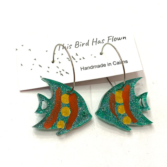 THIS BIRD HAS FLOWN- Aqua Angelfish Hoop Dangles