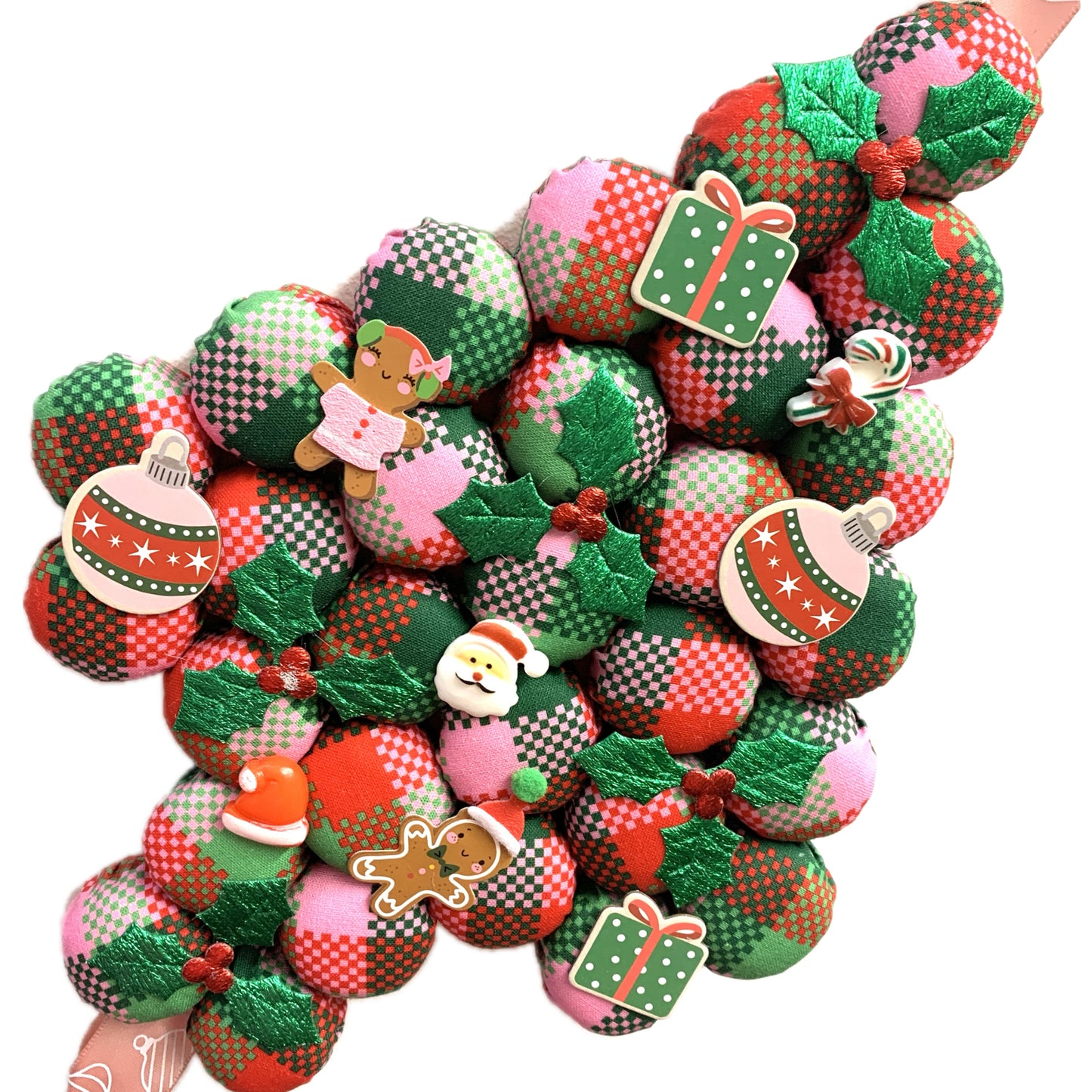 MUMMA WHOOPEE- "PINK PLAID"- SMALL BOTTLE TOP CHRISTMAS TREE WALL HANGING
