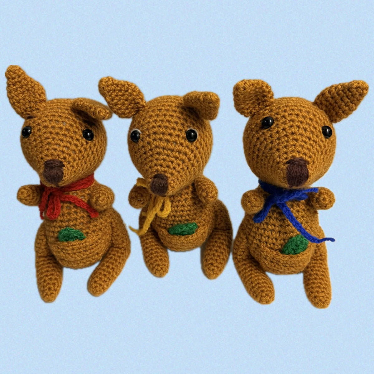 BEAKNITS- Crochet Kangaroo- Blue Bow with Gum Leaf