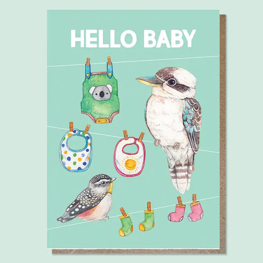 WATERCOLOURS BY CAT- "Hello Baby Kookaburra"- Baby Card