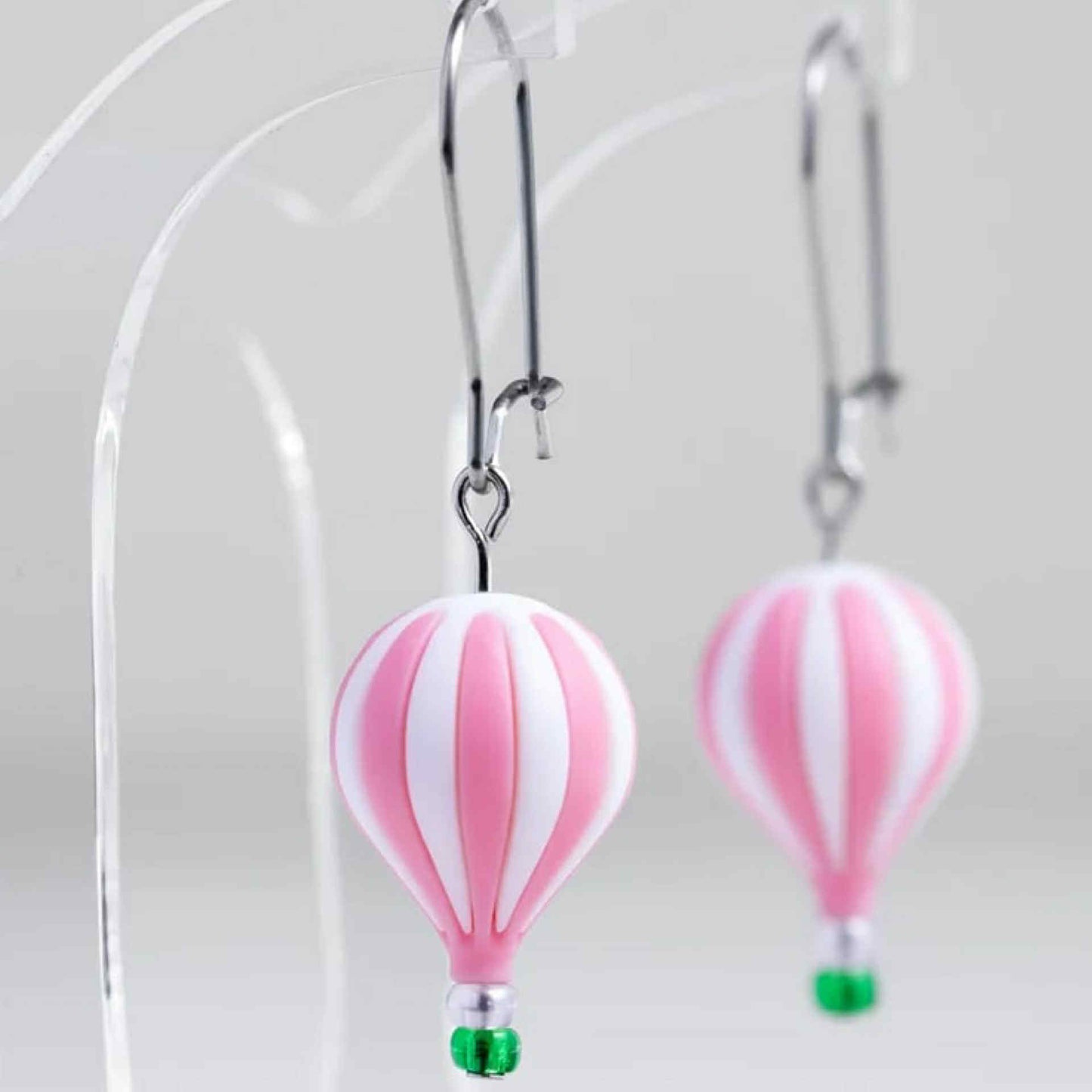 CLAIRE ISHINO- 3D Printed Resin Hot Air Balloon Earrings - Pink & White Stripes with Glass Bead Basket