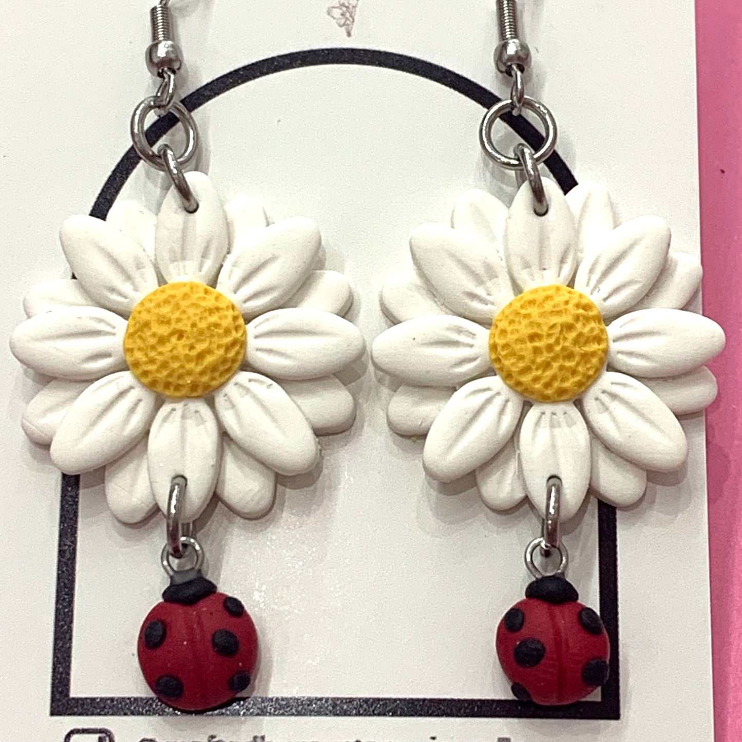 CRAFTED BY COURTNEY- White Daisy & Ladybird Hook Earrings