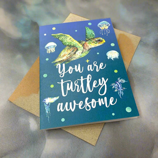 WATERCOLOURS BY CAT- Turtley Awesome Greeting Card- Turtle & Jellyfish