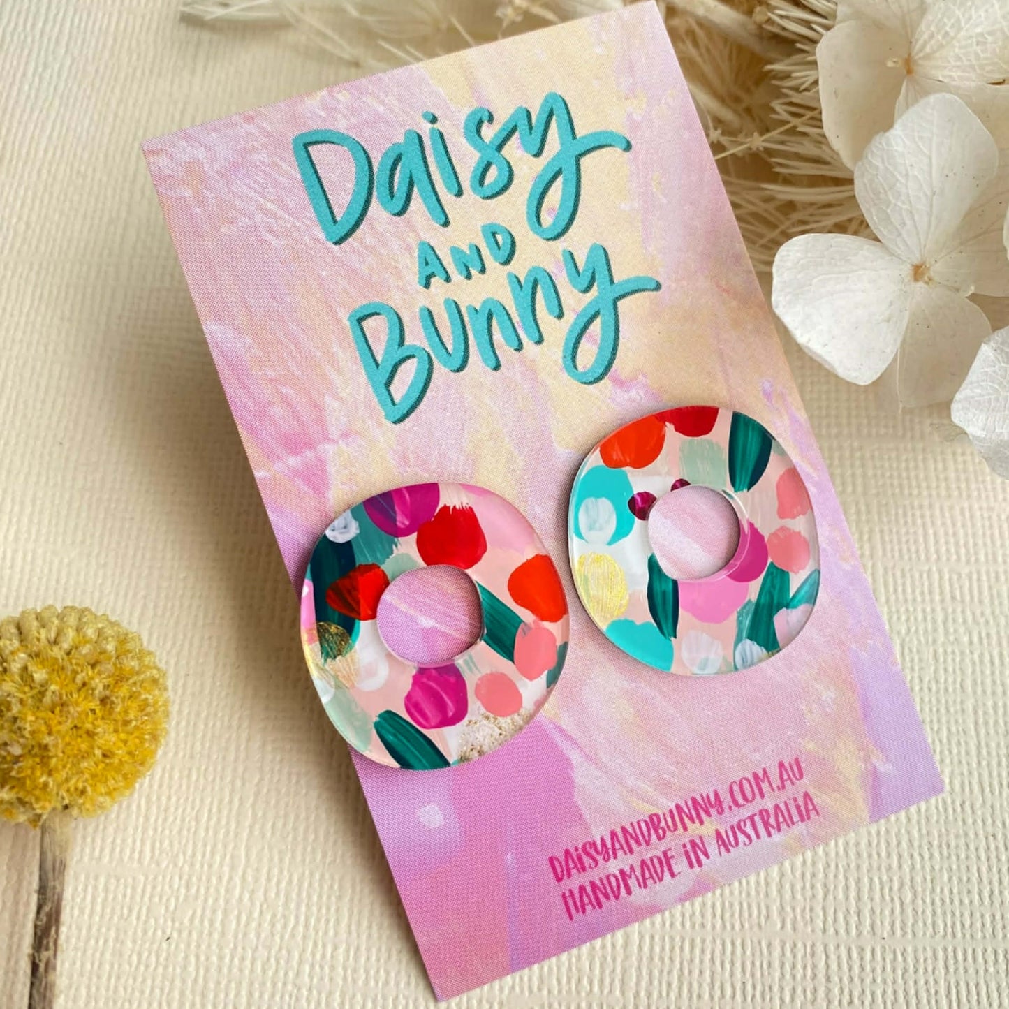 DAISY AND BUNNY - Hand Painted 25mm Donut Studs - Garden