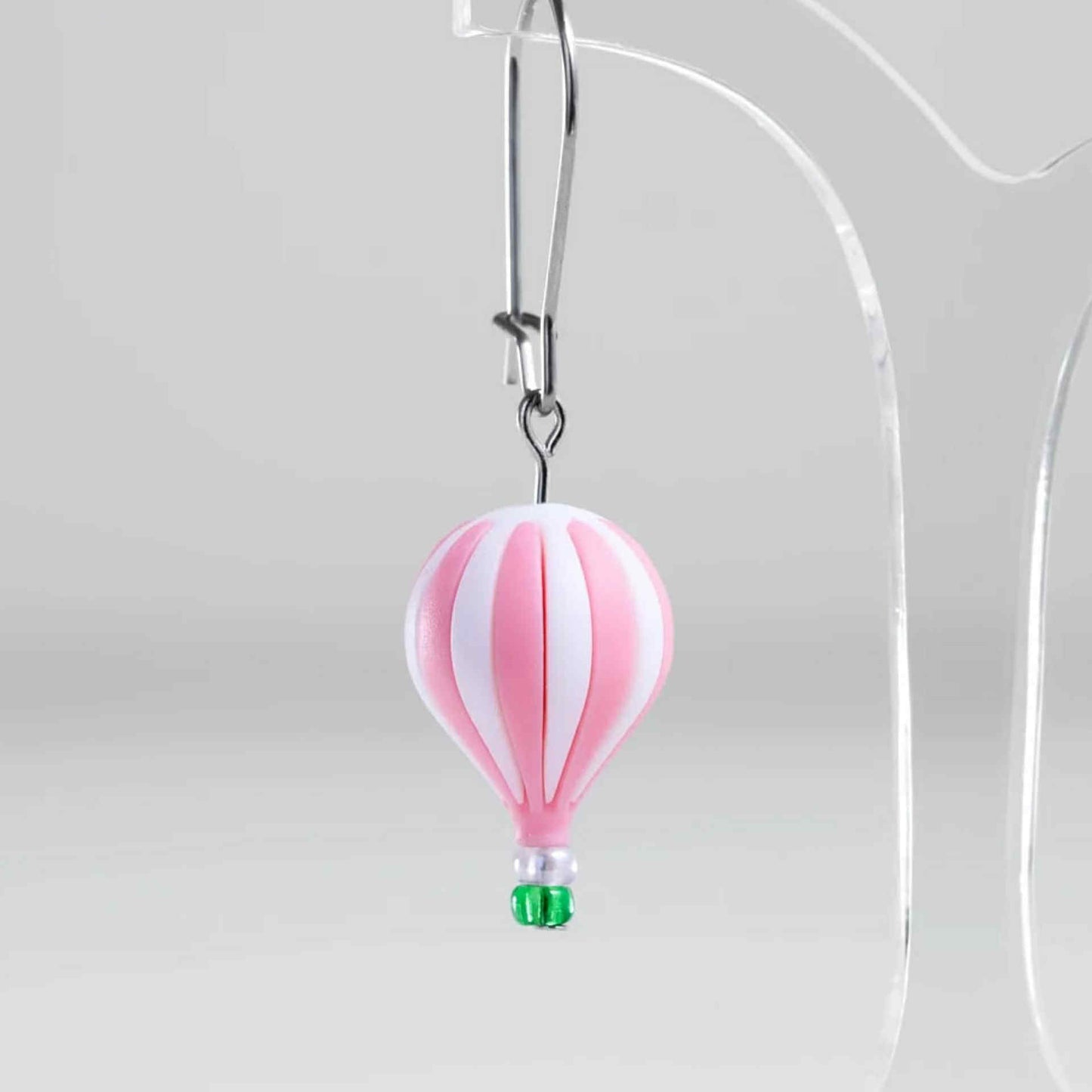 CLAIRE ISHINO- 3D Printed Resin Hot Air Balloon Earrings - Pink & White Stripes with Glass Bead Basket