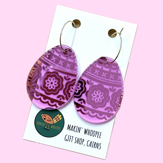 MAKIN' WHOOPEE - EASTER "Pink Floral Mirror Eggs" HOOP EARRINGS